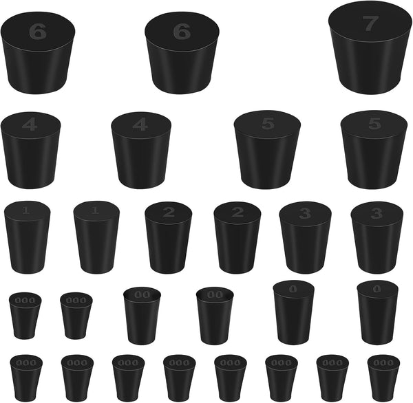 27 Pack (10 Assorted Sizes) 000# - 7# Tapered Lab Bungs, Solid Rubber Stoppers