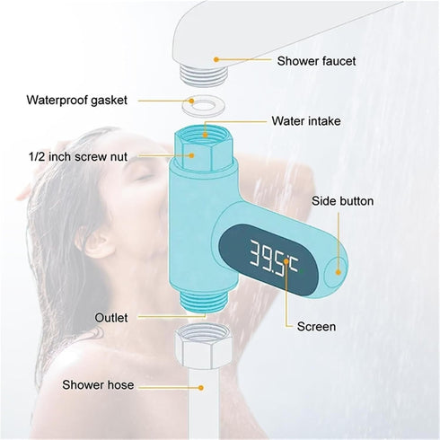 COMOAEW 360 Shower Thermostat, Shower Thermometer LED Display Baby Bath Water Meter Rotation Flow Self-Generating