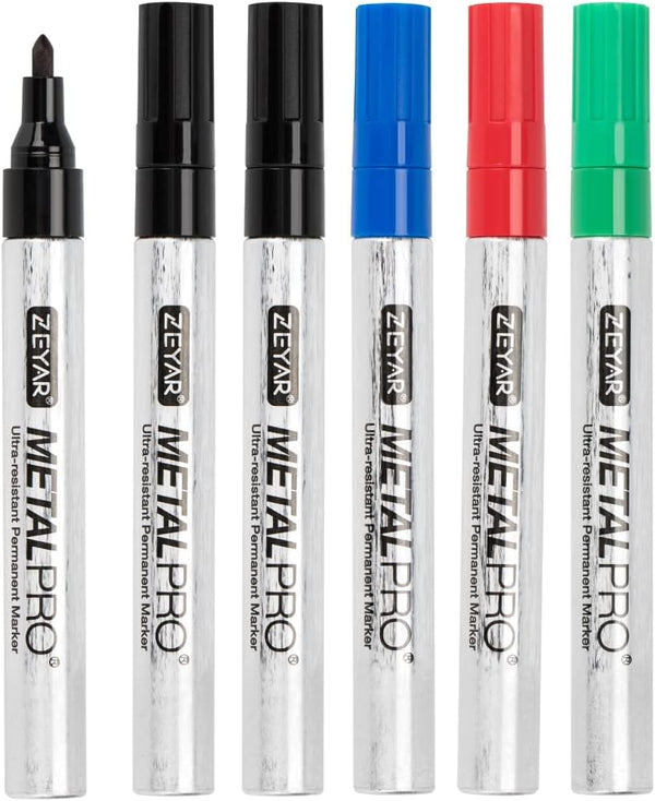 ZEYAR Permanent Markers, Bullet Tip, Aluminum Barrel, Waterproof, Quick Dry, 3 Black, 1 Blue, 1 Green, 1 Red