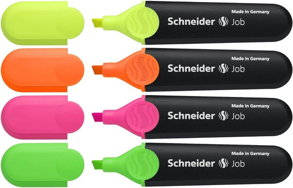 Schneider Job Highlighters, Assorted Ink Colors, Pack of 4: Black Barrel, 1 + 5 mm, Orange, Green, Pink, Yellow (1500)