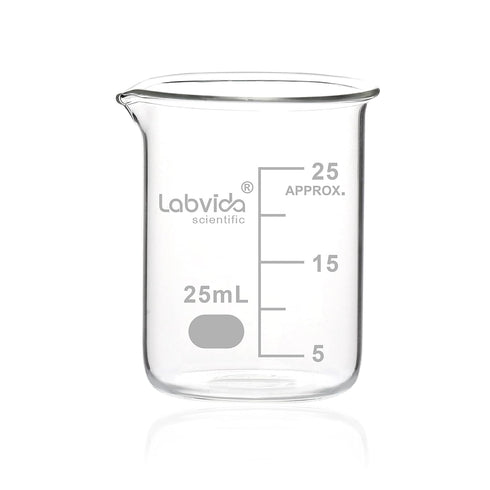 Upgrated 6 Size Low Form Glass Beaker Set, 25ml 50ml 100ml 250ml 500ml 1000ml, 3.3 Boro Glass beakers with Printed Graduation, LVA019