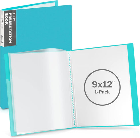 Dunwell 9x12 Presentation Binder with Clear Plastic Sleeves (Aqua), 24 Pockets for 9 x 12 or A4 Size Documents