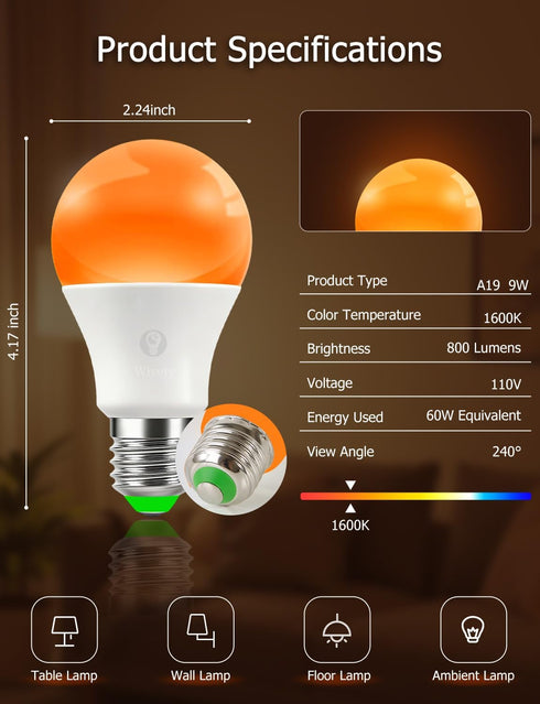 Bulbs 1600K E26 A19, 9W (6 Pack) Sleep Light Amber with Remote Control, Blue Light Blocking for Sleep Therapy, Baby