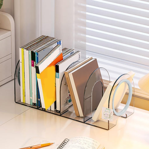 Qsvbeeqj 4 Acrylic Book End for Shelves Compartments Book End Desk Book Stopper Magazine Stand Space Saving Book