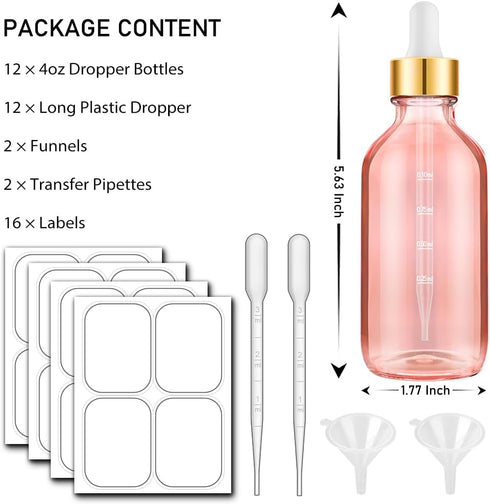 4oz, 12 Pack Pink Dropper Bottles Bumobum Oil Bottles for Hair Glass Eye Dropper Bottle for Essential Oils with Labels