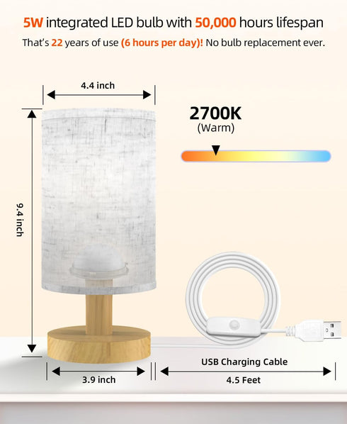 pickrelax Small Table Lamp for Bedroom - Inline Control, Bedside Lamp for Warm Light LED Desk Lamp, Wood Base Round