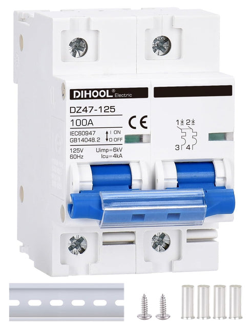 DIHOOL 100 Amp Circuit Breaker DIN Rail Mount 2 Pole AC 110V Low Voltage Disconnect Switch