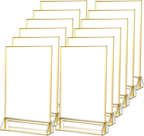 Yuanan 12 4x6 Inch PCS Acrylic Sign Holders, Wedding Table Number Holder Table Top Double Sided Gold Photo Frames Clear