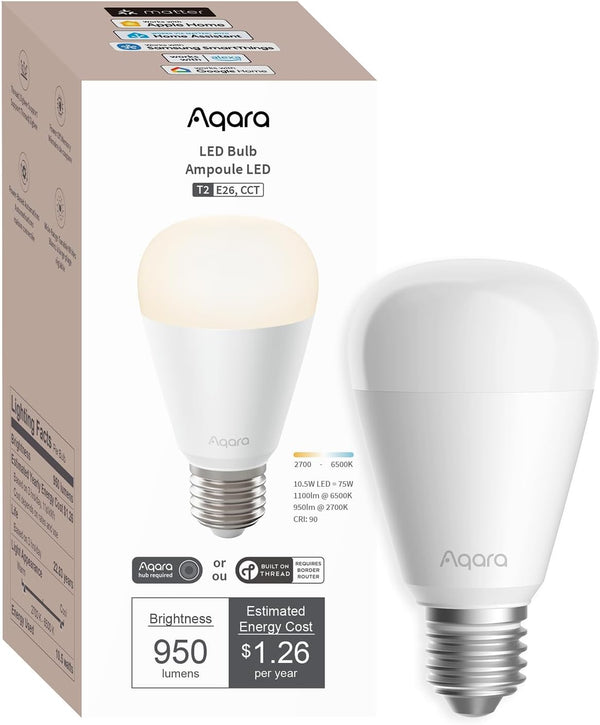 Aqara Thread/Zigbee Smart LED Light Bulb T2 E26, Tunable White (2700K-6500K), 75W