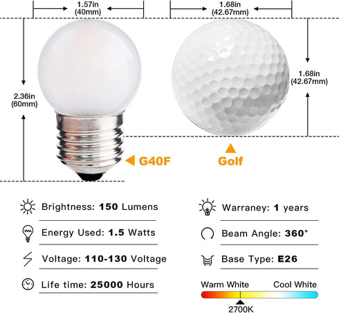 G40 Low Watt LED Light Bulbs, 6 Pack, 1.5W Soft Warm White 2700K, G14 Energy Saving Bulb, E26 Standard Base