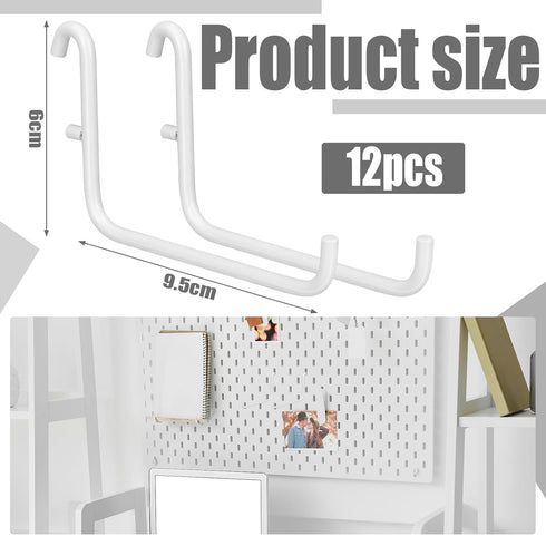 12 Pcs Pegboard Hooks, 6 x 9.5 Centimeters, Pegboard Accessories Compatible with IKEA Skadis Pegboard, Long Pegboard Hooks Set Metal Storage Tool Waterproof Home Office Indoor Supply (White)