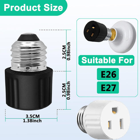 3 Packs 3 Prong Light Socket to Plug Adapter, E26/E27 Light Socket Outlet, Polarized Light Socket Splitter for Garage