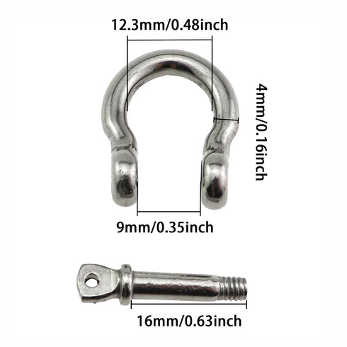 6PCS 4mm Diameter Heavy Duty Silver 304 Stainless Steel Bow Shackles for Marine Fishing Tackle