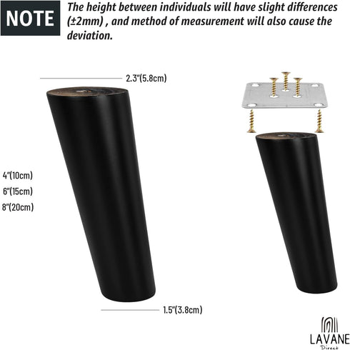 La Vane 4 inch 10cm 4PCS / Wooden Furniture Legs, Soild Wood Oblique Tapered Black Replacement Feet with Mounting Plate
