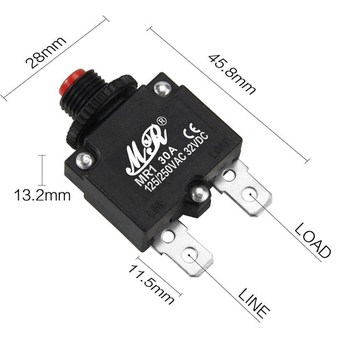 30 Amps Thermal Circuit Breakers 125/250V AC 32V DC Push Button Manual Reset Overload Protector Switch (2 Pack)