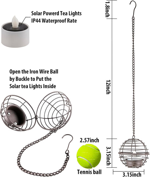 TWINKVILLA Decoration-4Pack Solar Hanging Lanterns Outdoor Waterproof, Rust Iron Ball Candle Holder with Flickering
