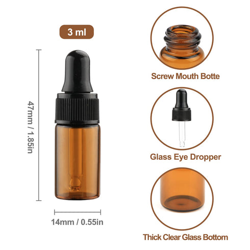 15Pcs Mini Amber Glass Dropping Bottles with Black Cap, 1ml 2ml 3ml 5ml Empty Travel Sample Vials (3ml)