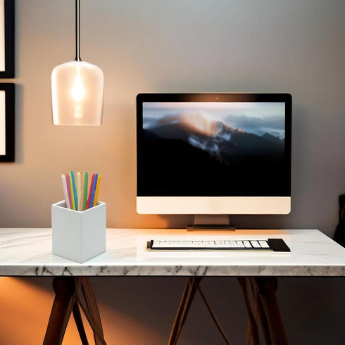 UnionBasic Square Pen Holder, White Leather Pencil Cup, Desktop Caddy Stationery Organizer