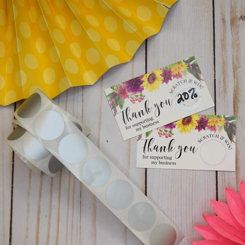 Sunflowers & Dahlias Floral Scratch & Win Package Inserts, 20 Single Sided Insert Cards for Small Businesses