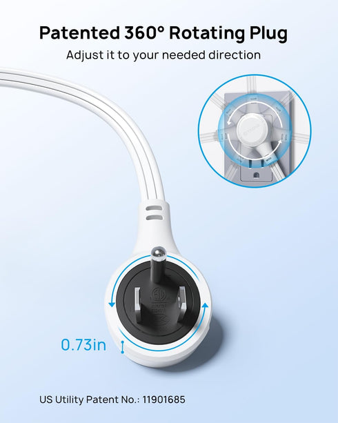 TROND Flat Extension Cord, 6ft with 360 Rotating Plug, Low Profile Power Strip, 3 Way Plug Extension for Indoor