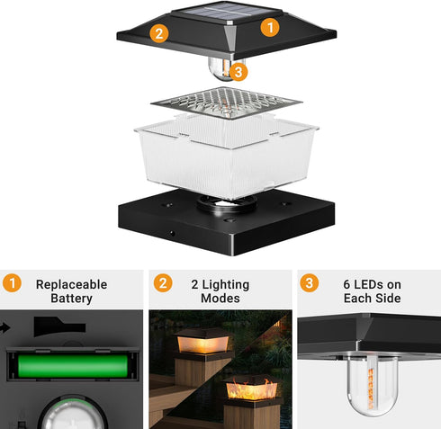 4x4 4 Pack 4x4 3.5x3.5 btfarm Solar Flame Post Cap Lights Outdoor, Flickering Flame Fence Deck Post Lights, Waterproof