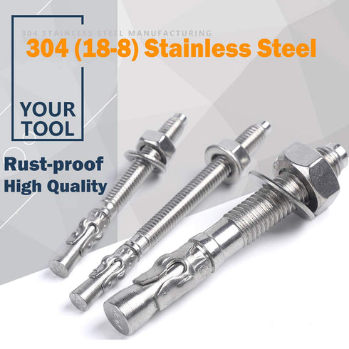 1/4" X 3-1/4" Concrete Anchor, 304 Stainless Wedge Anchor with Excellent Anti-Rust Performance, 304(18-8) Stainless Steel Concrete Anchors and Screws Kit (10pcs)