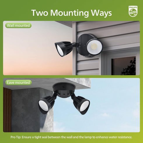 44W 3500LM 2 Heads5000K Philips LED Security Flood Light OutdoorSwitch Controlled Aluminum Security Light, Adjustable