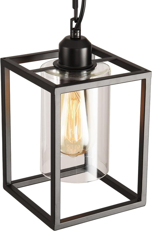 Farmhouse Pendant Light,Black Metal Frame Hanging Light Fixture with Clear Glass Shade Chandelier, Adjustable Chains