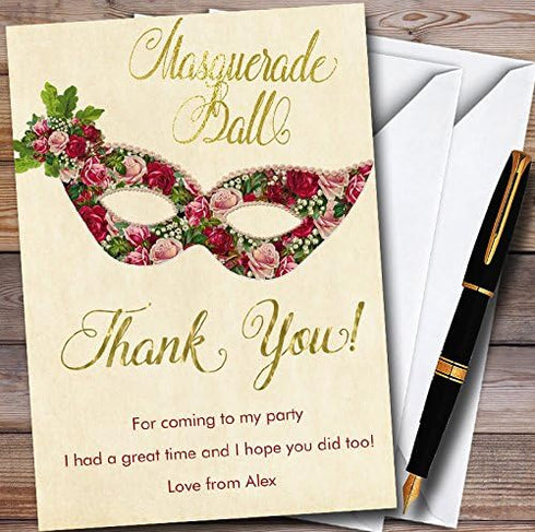 The Card Zoo Red Roses Gold Masquerade Ball Personalized Party Thank You Cards