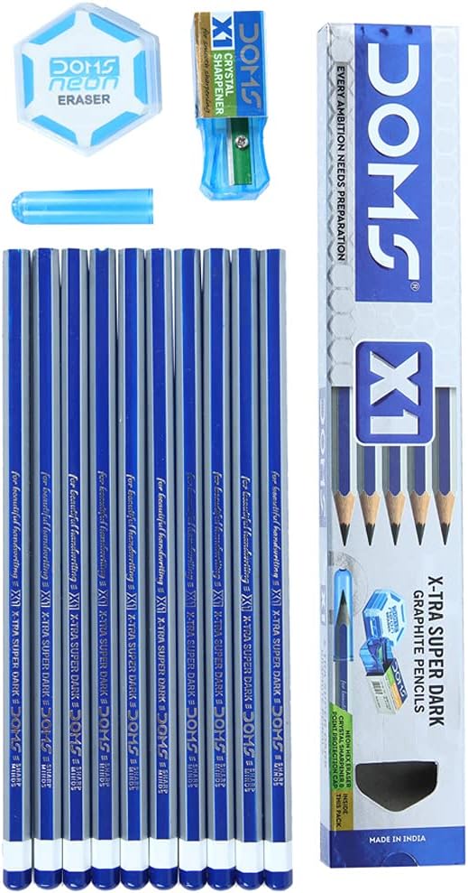 Doms X1 X-Tra Super Dark Pencils, 1 Pack - 10 Pencils + Eraser, Sharpener, Protection Cap
