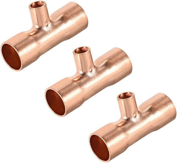 uxcell Copper Reducing Tee 3/8-inch X 1/4-inch X 3/8-inch Pressure Pipe Fitting Connector for Plumbing Supply 3pcs