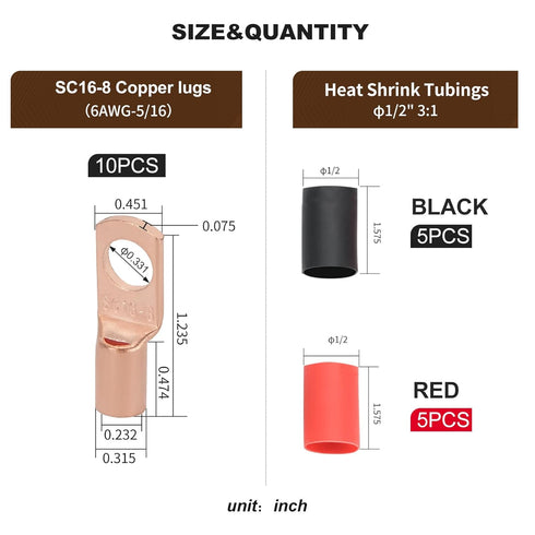 Thick Copper Electric Wire Lugs, 10Pcs Bare Copper Gauge 6Awg-5/16"(M8) Ring Heavy Duty Battery Cable Lugs with 10Pcs