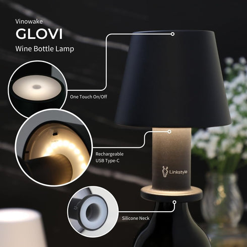 Dimmable VINOWAKE Glovi Premium Wine Bottle Lamp by LINKSTYLE White Lights, Rechargeable & Waterproof, Indoor/Outdoor