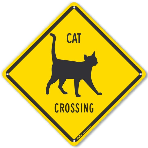 PKAC-0153-NA "Cat Crossing" Aluminum Sign, 10" x 10", Black Text on Yellow Background
