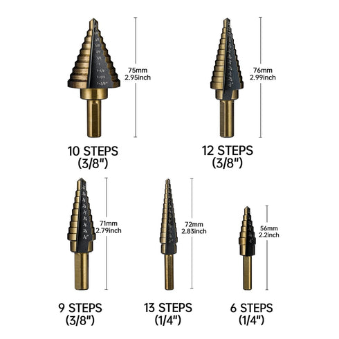 Step Drill Bits, 5PCS HSS Titanium Step Drill Bit Set, 50 Sizes High Speed Steel Bits with Aluminum Case