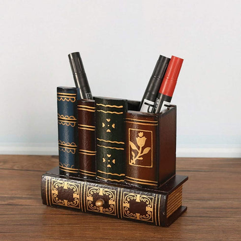 Kisangel False Book Box - Vintage Wooden Pen Pencil Storage Holder, Antique Classic Fake Book 15x13.5cm with Drawer for