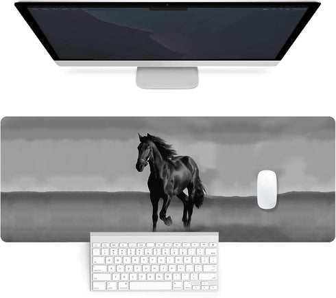 Black Horse Gaming Desk Mat, Personalized Mouse Pad with Non-Slip Rubber Base and Stitched Edges, 31.5 x 15.7 Inch