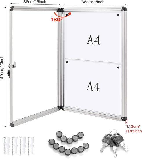 Swansea Enclosed Bulletin Board, Dry Erase Noticeboard, Lockable Display Boards, White with Aluminium Frame, 20x16inch