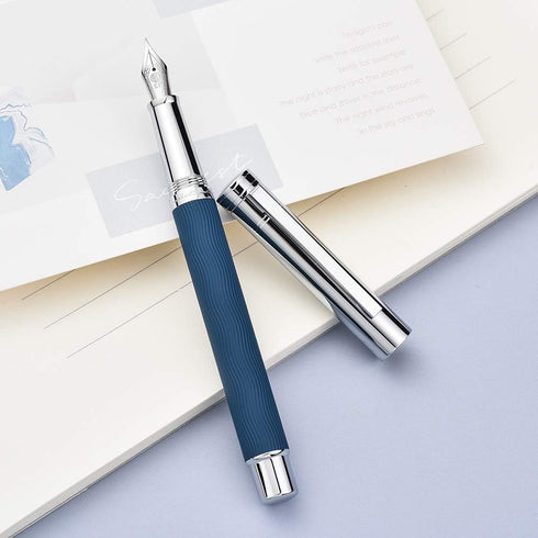 Hongdian 1843 Navigator Fountain Pen, Fine Nib Solid Metal with Refillable Converter and Blue Ripple Pattern Case