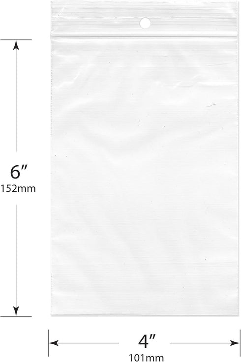 Plymor 4" x 6" Reclosable Plastic Bags (Pack of 100), 2 Mil with Hang-Hole Zipper