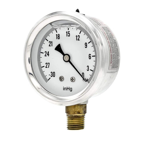 PIC Gauges S201L-254N Pressure Gauge, Bottom Mount, 2.5" Dial, 30"/0 hg Vacuum psi Range, 1/4" Male NPT
