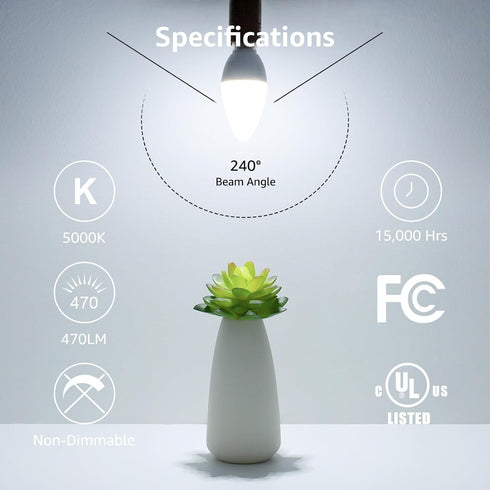 E12 Bulbs, 5000 5.5 40 B11 C37 Bulb Bulbs, Not-dimmable, 3-Pack Lepro LED Candelabra Light Kelvin Daylight White watt
