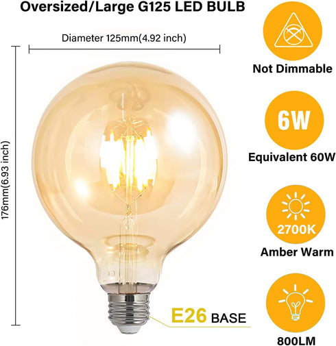 LED Bulbs 60 Watt Equivalent, 2 Pack 6W G125 LED Globe Bulbs, Antique Vintage Light Bulbs Amber, E26 LED Edison Light Bulb, 2700K 800LM Warm White, E26 Standard Base, Non-Dimmable by BoostArea