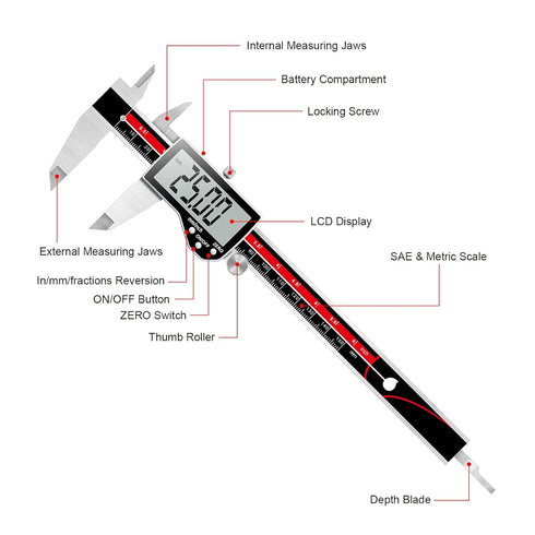 Inch/Millimeter/Fraction Digital Caliper Electronic Caliper Measuring Tool Precision Digital Vernier Caliper