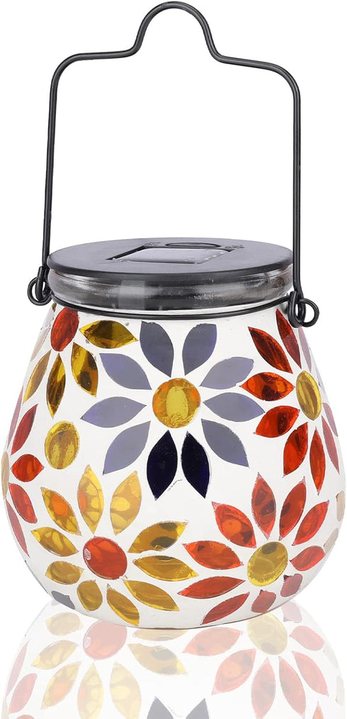 Afirst Mosaic Solar Lanterns Outdoor - Glass Hanging Solar Lights Hollow Out