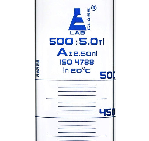 EISCO Graduated Cylinder 500ml - Class A Tolerance ±2.50ml - Borosilicate 3.3 Glass - Hexagonal Base with Blue
