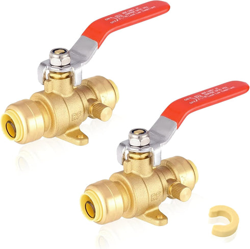 1/2 Inch Push-fit Drop Ear Ball Valve with Drain, Full Port Brass Shut off Ball Valve, Pack of 2 for Copper, PEX, CPVC
