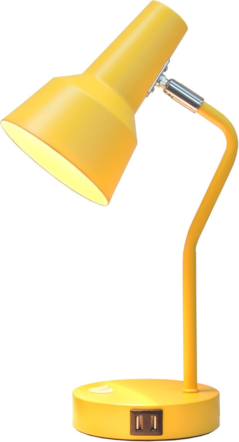 LD1072-YLW 15.2" Simple Designs Sleek Essentials Metal Cone Shade Desk Lamp with Adjustable Shade and Dual USB Ports