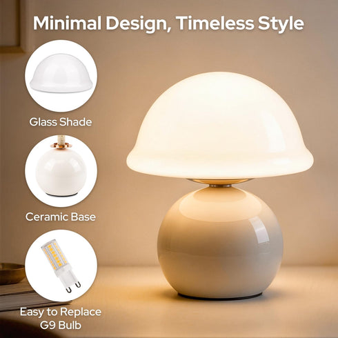 Cozy Dimmable Mushroom Table Lamp for Bedroom, Bedside Lamp with Glass Shade, Stepless Nightstand Lamp for Relaxing