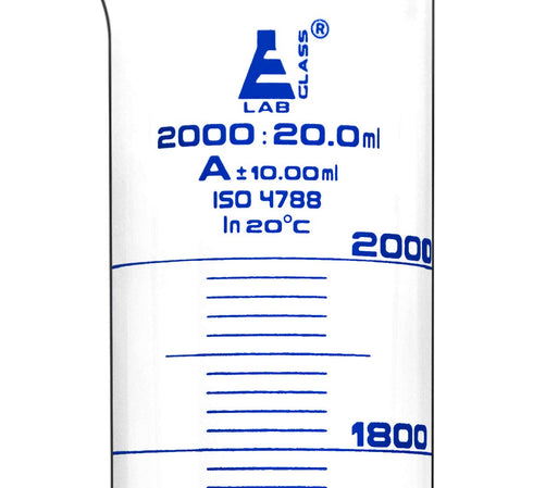 EISCO Graduated Cylinder, 2000ml, Class A Tolerance ±10.0ml, Round Base, Blue Graduations, Borosilicate Glass